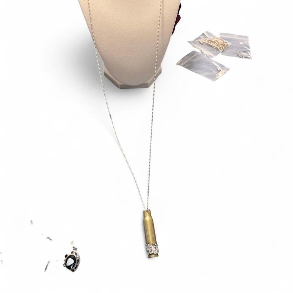 Gold Brass Bullet Pendant Necklace Crystal Accents Edgy Rock Statement